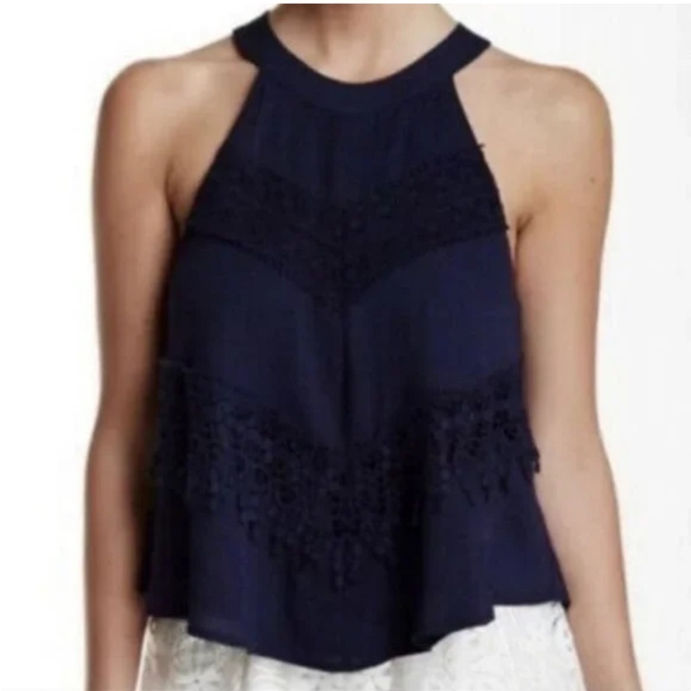 California Moonrise Black Crochet Trim Boho Sleeveless Halter Blouse Size M